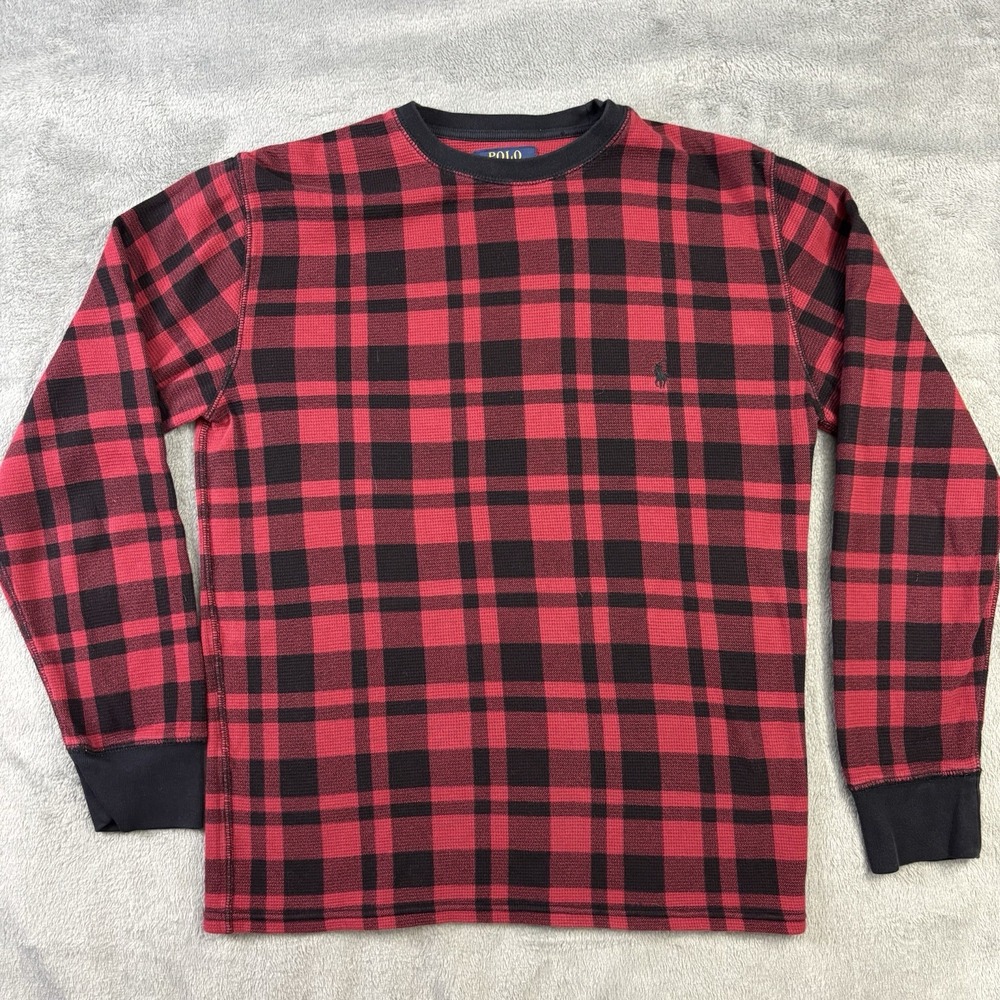 Polo Ralph Lauren Thermal Shirt Womens M Waffle Knit Buffalo Plaid Christmassy